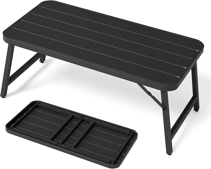 VINGLI Outdoor Folding Coffee Table, Rectangle Drainable Iron Patio Table for Balcony, Porch, and Living Room, Black