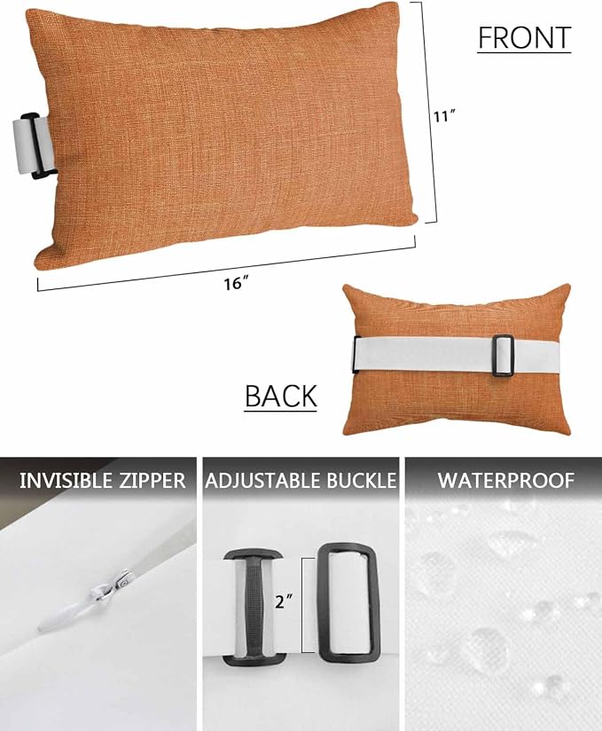 Outdoor Pillow for Chaise Lounge Chair Orange Rustic Vintage Burlap Texture Outdoor Pillows Waterproof with Adjustable Strap Headrest Lumbar Pillows for Garden Patio Furniture 2 Pack 11" x 16"
