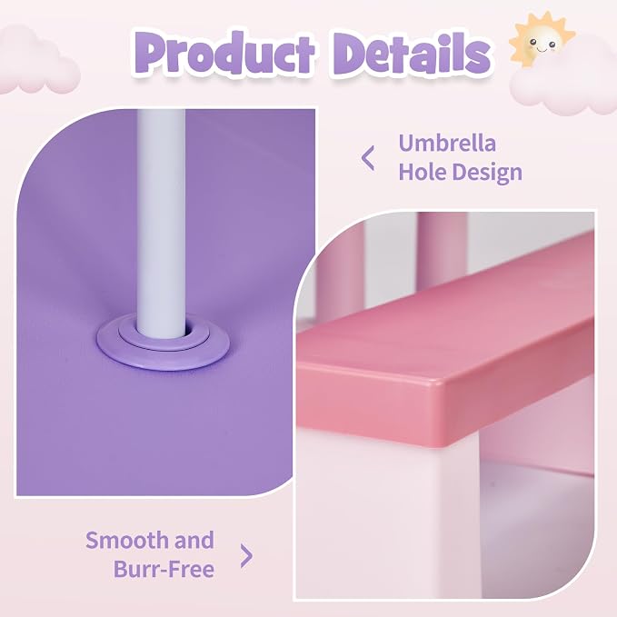 Kids Table and Chair Set, Toddler Plastic Outdoor Table & Bench Set with Removable Umbrella, Children Picnic Table Fits 4 Children for Backyard Garden, Pink & Purple