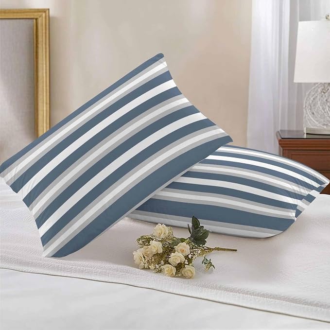 Haze Blue Stripe Outdoor Pillow Covers Waterproof, All Weather Cushion Case Set of 2, Farmhouse Blue Gray Striped Lumbar Pillowcase for Sofa Couch Bed Decor Patio Furniture 20"x12"
