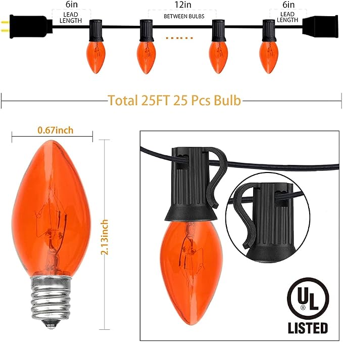 GOOTHY Halloween Orange String Lights Outdoor, 25Ft C7 Halloween Decorations Lights with 27 Clear Orange Bulbs (2 Spare), Waterproof Vintage Christmas Lights for Patio Party Holiday Garden- Black