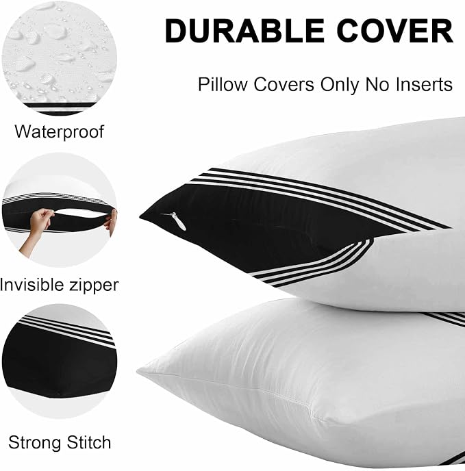 Lumbar Pillow Covers 20x12 Inch Set of 2, Black White Striped Waterproof Outdoor Cushion Covers, Modern Abstract Art Aesthetics Decorative Pillowcases for Couch, Sofa, Bed, Garden, Patio