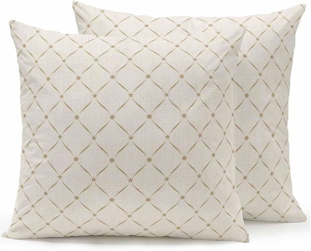 Waterproof Outdoor Pillow Set of 2 Beige Grid Plaid Decorative Throw Pillows Cover & Insert 16x16 Inch Pillowcase Diagonally Crossed Lines Pillows for Couch Sofa Bed Patio Furniture Indoor Outdoor