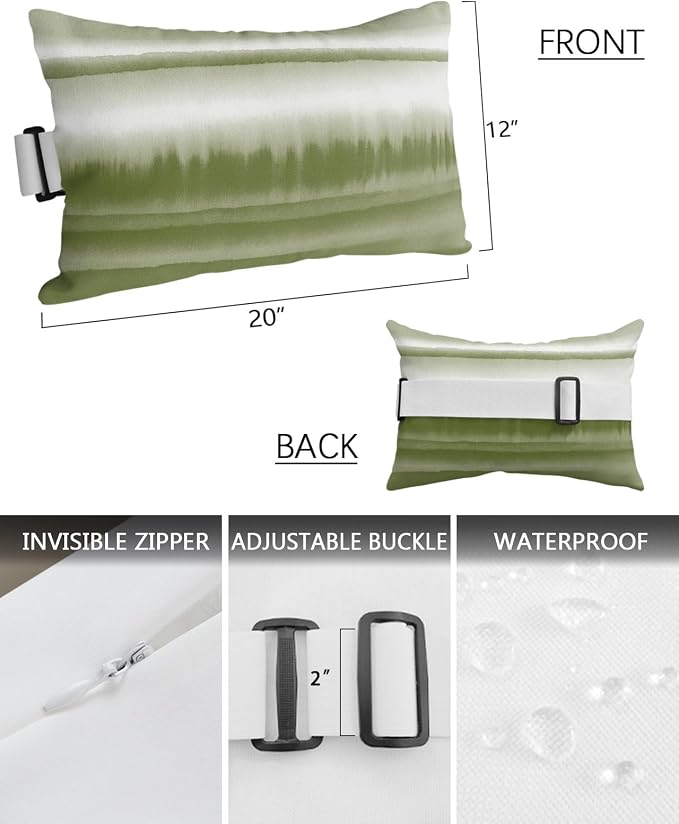 Outdoor Pillows Waterproof Covers Set of 2, Abstract Art Waves Elastic Chaise Lounge Headrest Pillow Covers, Stripes Watercolor Gradient Sage Green Lumbar Pillow for Beach Patio Furniture 20x12 Inch