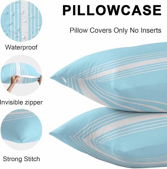 Aqua White Stripe Outdoor Pillow Covers 20x12 Inch Lumbar Pillow Covers Set of 2 Waterproof Decorative Throw Pillow Cases Modern Rustic Vertical Striped Cushion Covers for Patio Furniture Garden Couch
