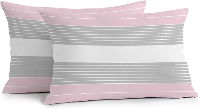 Pink Grey Stripe Outdoor Pillow Covers Waterproof, All Weather Cushion Case Set of 2, Modern Art Horizontal Striped Lumbar Pillowcase for Sofa Couch Bed Decor Patio Furniture 20"x12"