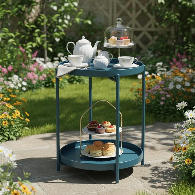 danpinera 2-Tier End Table, Outdoor Side Table Metal Round Side Table with Removable Tray, Small Accent Table, Anti-Rust Nightstand for Bedroom Balcony Patio Living Room (Navy Blue)