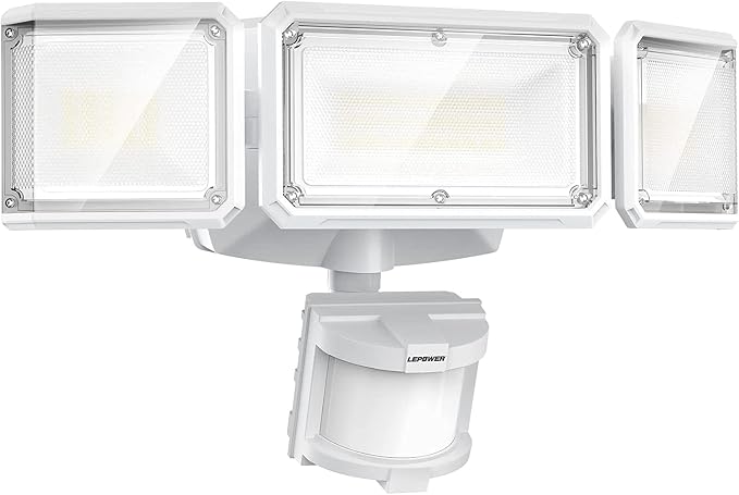 LEPOWER 1500LM Battery Powered Outdoor LED Flood Light with Motion Sensor | IP65 Waterproof, Wireless Battery Operated Security Lights, 3 Head Motion Detector Light for Garage,Yard,Porch,Driveway-White