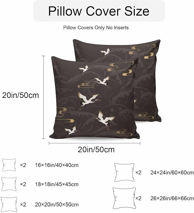 Japanese Style Outdoor Pillow Covers 26x26 Inch Throw Pillow Covers Set of 2 Waterproof Decorative Pillow Cases Vintage Cranes Ocean Wave Black Grey Cushion Covers for Patio Furniture Garden Couch