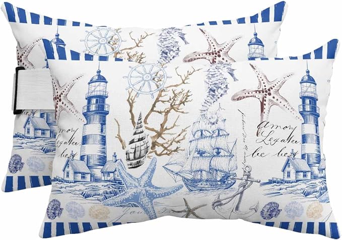 Navy Blue Coastal Outdoor Lumbar Pillow Covers 12"x20" Set of 4, Decorative Throw Pillow Covers for Patio, Summer Nautical Lighthouse Starfish Waterproof Cushion Case for Pool Beach Chair