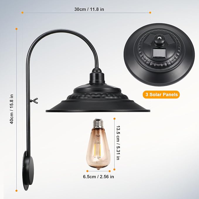 Solar Barn Lights Upgrade, 2PCS Waterproof Wall Light Fixture, Rustic Vintage Metal Gooseneck Solar Wall Mount Lights with Gold Interior, for Outdoor Barn Shed Garage Porch (Black)