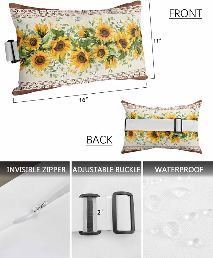 Farmhouse Sunflower Outdoor Lumbar Pillow Covers 11"x16" Set of 2, Decorative Throw Pillow Covers for Patio, Beige Brown Vintage Floral Botanical Waterproof Cushion Case for Pool Beach Chair