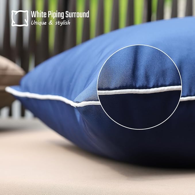 JOJOGOGO Blue Outdoor Waterproof Sun Fade Resistant Lumbar Pillow Covers 12x20 Set of 2, Navy Outdoor Lumbar Pillows Cushion Covers 12 x 20 for Patio Furniture Hammock (with White Piping)