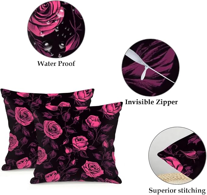 20x20 Inch Outdoor Pillow Covers Set of 2 Waterproof Throw Pillow Covers Decorative Couch Cushion Covers Pink Roses Plant Square Pillowcases Protectors for Patio Garden Sofa