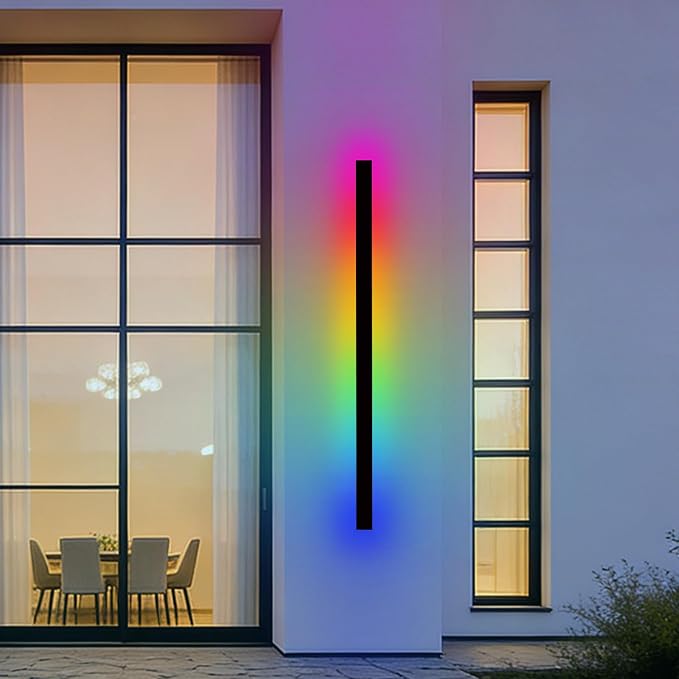 RGB Outdoor Wall Lights, Ip65 Waterproof Linear Led Modern Wall Sconce, 7 Colors and 358 Light Effects, Dimmable with Remote Modern Linear Exterior Light Fixture 59 inch (1 Pack)