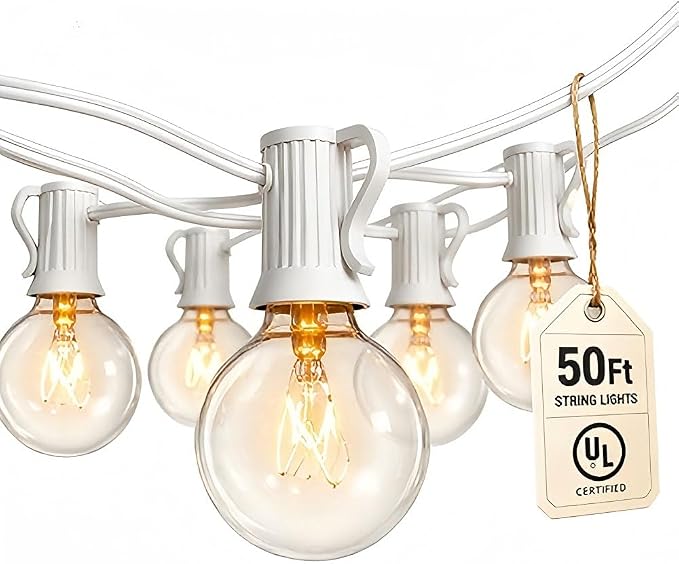 Abeja 50Ft Outdoor Patio String Lights with 53 Clear Globe G40 Bulbs | Hanging Backyard Deck String Light for Patio Porch Bistro Gazebos Pergolas Balcony Wedding Gathering Parties Decor, White