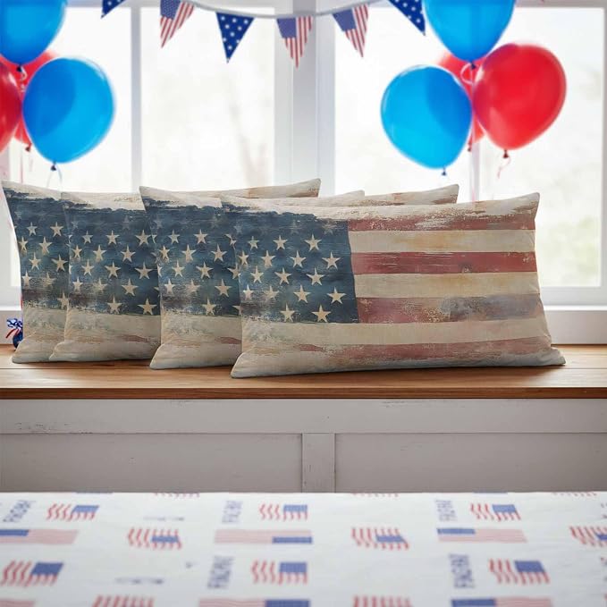 Independence Day Outdoor Pillow Covers 20"x12" Set of 2, Retro Country USA Flag Memorial Day Waterproof Throw Pillow Covers for Patio Furniture, Decorative Cushion Covers for Porch