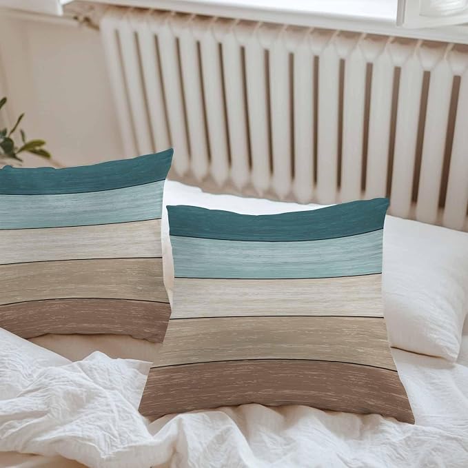 Vandarllin Outdoor Throw Pillow Covers 18X18 Set of 2 Waterproof Teal Blue Brown Decorative Zippered Cushion Covers for Patio Furniture, Farmhouse Retro Rustic Barn Wood Texture Lumbar Pillowcases