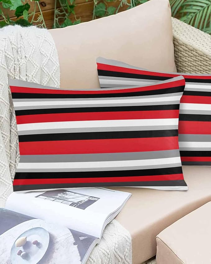 Pack of 2 Red Black Grey Stripes Outdoor Pillow Waterproof Covers 20x12 inch, Geometric Mexican Style Polyester Throw Pillow Covers Garden Cushion Decorative Case for Patio Couch Decoration