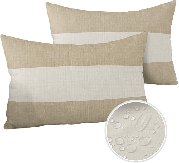 Vandarllin Outdoor Throw Pillows Covers 12X20 Set of 2 Waterproof Farmhouse Khaki Beige Decorative Zippered Lumbar Cushion Covers for Patio Furniture, Burlap Background