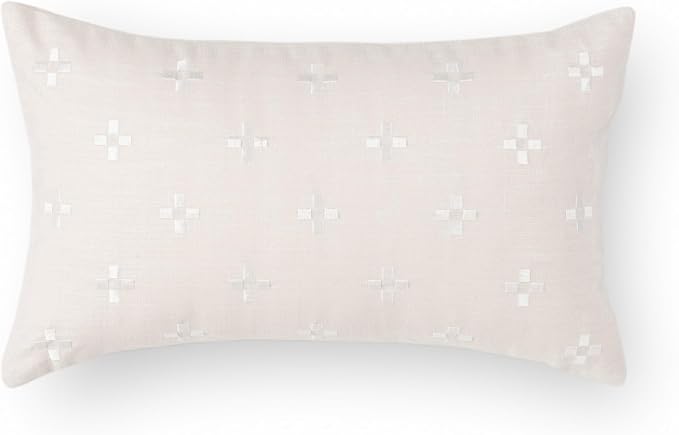 Coastal Linen Indoor Outdoor Lumbar Pillow Cover Only, 12"x20" Water Repellent for Patio, Backyard, Couch, Neutral Beige Small Squares