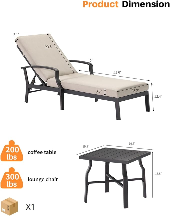 2 Pieces Lounge Chair Set, Outdoor Chaise Lounge Set, Never-Rust Aluminum Pool Lounge Set with Gray Cushion, 6-Position Adjustable Patio Chaise with Outdoor Side Table for Poolside, Gunmetal
