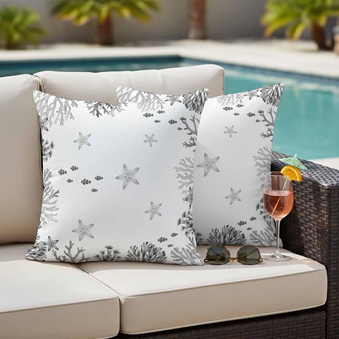 Summer Ocean Grey Coral Outdoor Waterproof Throw Pillow Covers Set of 2, 18"x18", Nautical Sea Watercolor Fish Starfish Decorative Pillow Covers Outside Cushion Case for Patio Porch Garden