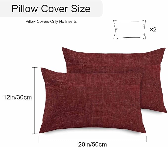 Vandarllin Outdoor Throw Pillows Covers 20x12 inch Set of 2 Waterproof Wine Red Linen Decorative Zippered Cushion Covers for Patio Furniture, Farmhouse Pure Color Lumbar Pillowcases