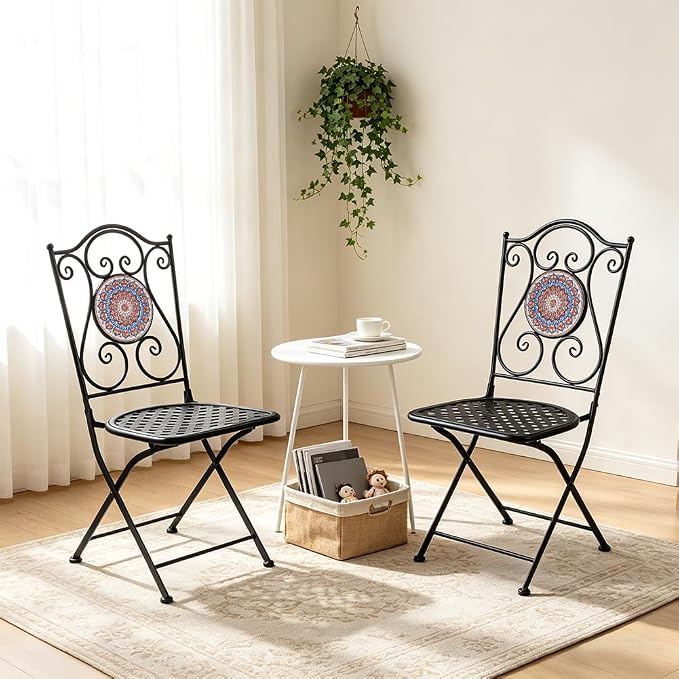 Folding Patio Chairs Set of 2 Mosaic Bistro Chair Outdoor Seating | Garden Patio Furniture Seating Heavy Duty Metal Frame Dining Chairs for Lawn Yard Balcony Porch Backyard Poolside