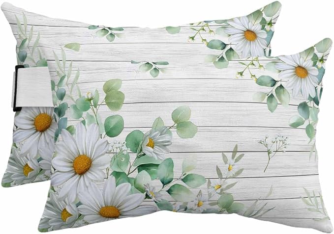 Daisy Eucalyptus Leaves Outdoor Pillows with Insert 12x20 Inch Floral Spring White Wood Grain Waterproof Headrest Pillows with Adjustable Strap Lounger Chair Throw for Patio Furnitures, 2 Pack