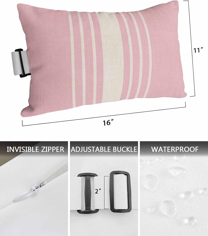 Pack of 4 Outdoor Lumbar Pillow Covers 11x16 Inch, Pink Beige Striped Waterproof Throw Pillow Covers Set, Modern Farmhouse Retro Lines Indoor&Outdoor Decorative Cushion Cases for Patio Porch Beach