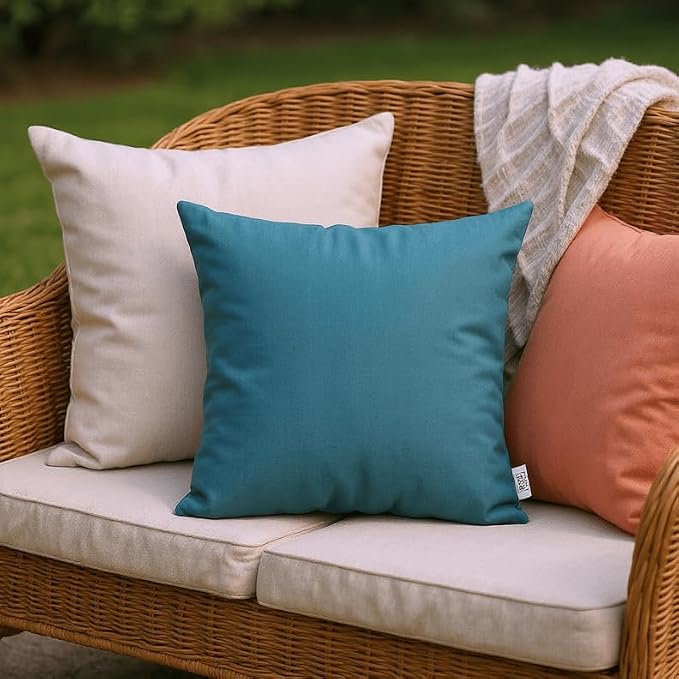 RSH DECOR: Sunbrella Square Throw Pillows Set of 4 | 17" x 17" | Water and Fade-Resistant Performance Fabric | Outdoor Pillow Covers with Down-Alternative Inserts | Spectrum Peacock