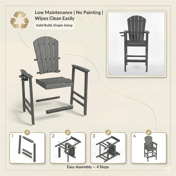 WILLIAMSPACE Patio Bar Chair Bar Stool, Outdoor All Weather HDPE Height Adirondack Chair with Armrests & Cup Holder, 1-Piece Counter Height Chair for Pool, Garden, Kitchen, ONLY 1 Chair (Grey)