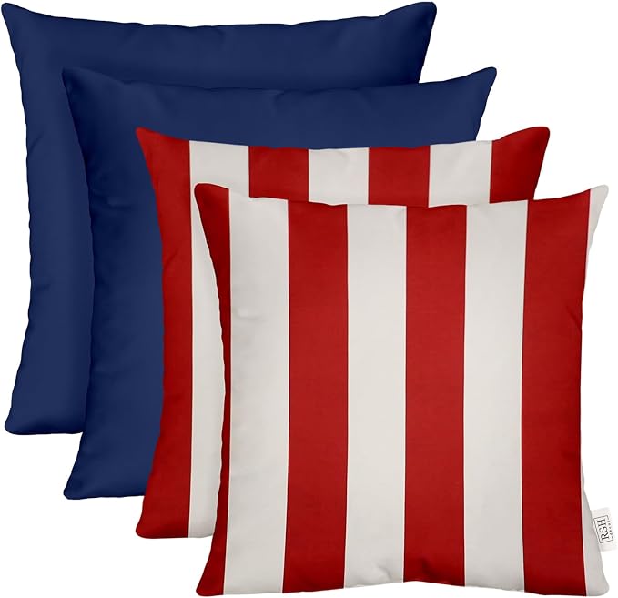 RSH DECOR Square Throw Pillows Set of 4, 17" x 17", Outdoor Pillows Waterproof, Outdoor Pillow Covers, Pillow Covers for Couch, Red and White Stripe & Solid Navy, Made in USA