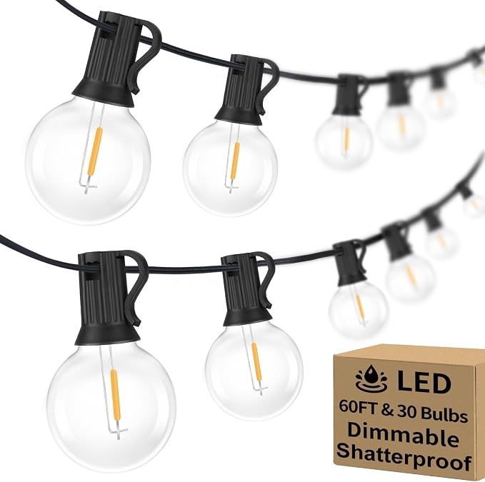60FT Outdoor G40 LED Globe String Lights Dimmable | Waterproof Shatterproof Light Strings with 30 Bulbs Connectable Commercial Hanging Lights for Patio Backyard Balcony Party