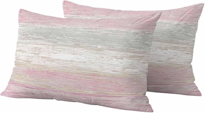 Outdoor Waterproof Throw Pillow Covers, Vintage Pink Grey Decorative Pillow Cases, Farmhouse Barn Wooden Striped Couch Pillow Protector Patio Sofa Cushion Covers Replacement 20"x12" 2 Pack
