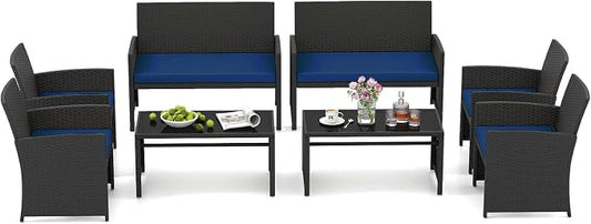 HAPPYGRILL 4 Piece Rattan Wicker Patio Conversation Set, Outdoor Furniture with Chair Loveseat Table & Cushion, for Backyard Porch Balcony (2, Black & Navy)