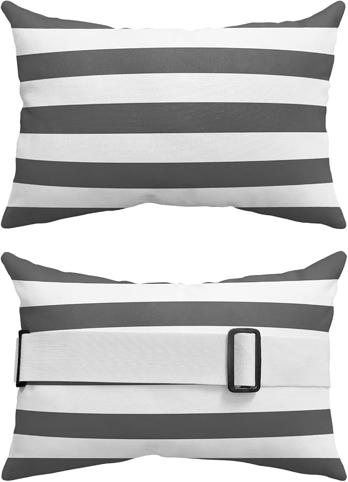 T&H XHome Outdoor Pillow for Chaise Lounge Chair, Deep Gray and White Stripe Waterproof Headrest Pillow Lumbar Pillows with Adjustable Elastic Strap for Beach, Poolside, Patio, Office (1 Pack)