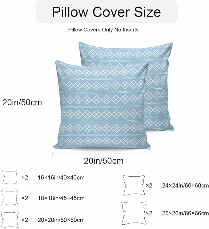 Blue Boho Outdoor Pillow Covers 20x20 Inch Throw Pillow Covers Set of 2 Waterproof Decorative Pillow Cases Vintage Ethnic Tribe Abstract Art Geometric Cushion Covers for Patio Furniture Garden Couch