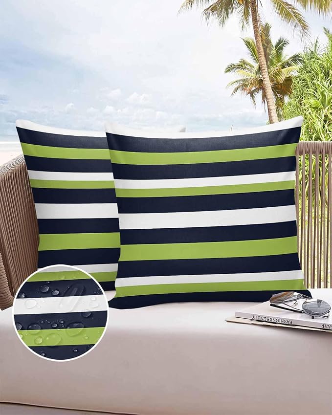 Pack of 2 Blue Green White Stripes Outdoor Pillow Waterproof Covers 20x20 inch, Classic Geometric Polyester Throw Pillow Covers Garden Cushion Decorative Case for Patio Couch Decoration