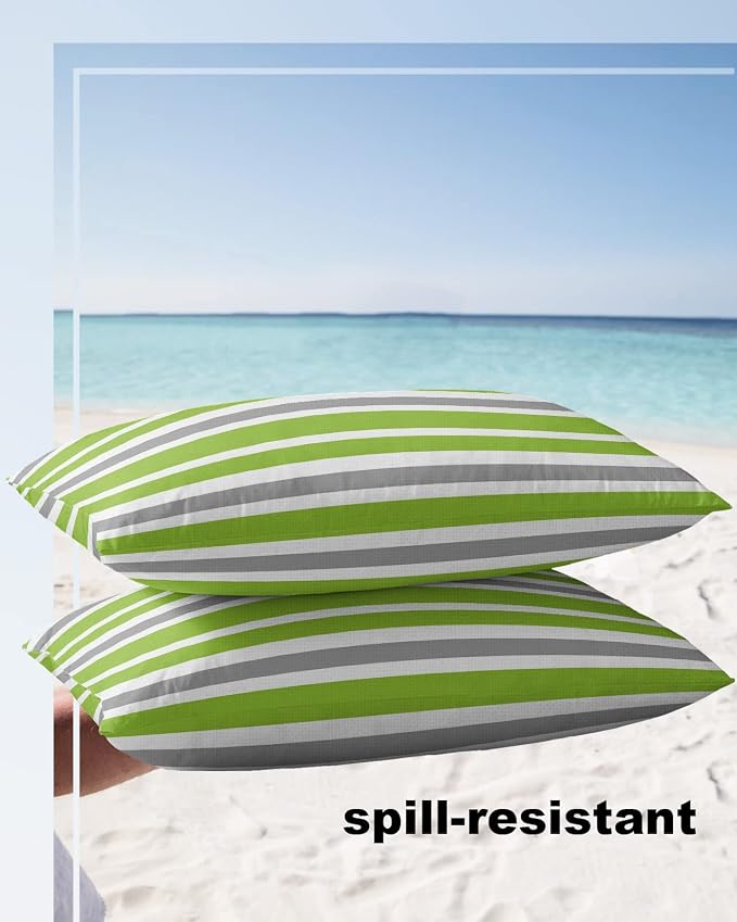 Outdoor Waterproof Lumbar Throw Pillow Covers Set of 2 Grey Green Stripes Decorative Outdoor Pillows Cushion Case 20x12 Inch Classic Striped Patio Pillows for Couch Sofa Bed Garden Home Decor