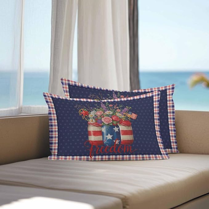 Waterproof Throw Pillow Covers, Independence Day Daisy Flower Tulip American Flag Star Blue Red Plaid Decorative Pillowcase Soft Cushion Case for Patio Couch Tent Balcony, Set of 2 Rectangle, 20"X12"