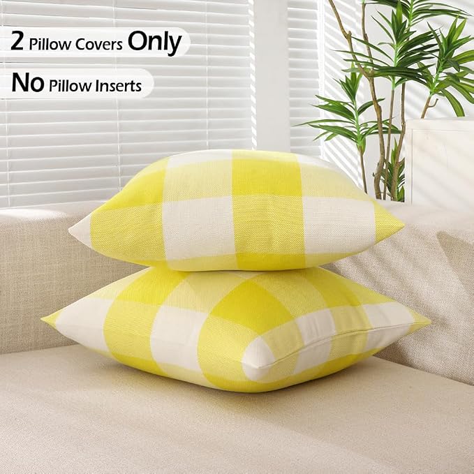 CARRIE HOME Yellow Buffalo Plaid Summer Outdoor Pillow Covers 18x18 Set of 2, Yellow Checkered Decorative Couch Pillow Covers 18 x 18, Front and Back Porch Decor Pillows for Patio Furniture