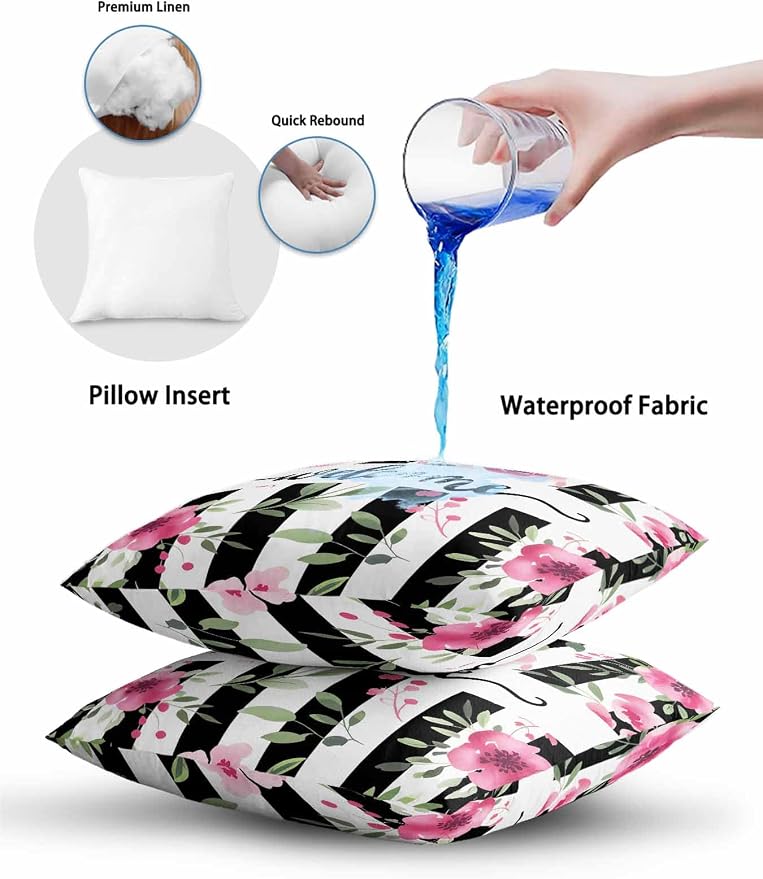 Outdoor Waterproof Throw Pillows Welcome Words Pink Flowers Patio Pillows Pack of 2,Decorative Pillow Covers with Insert,Pillow Cushion Case for Garden Couch Sofa Country Black Line