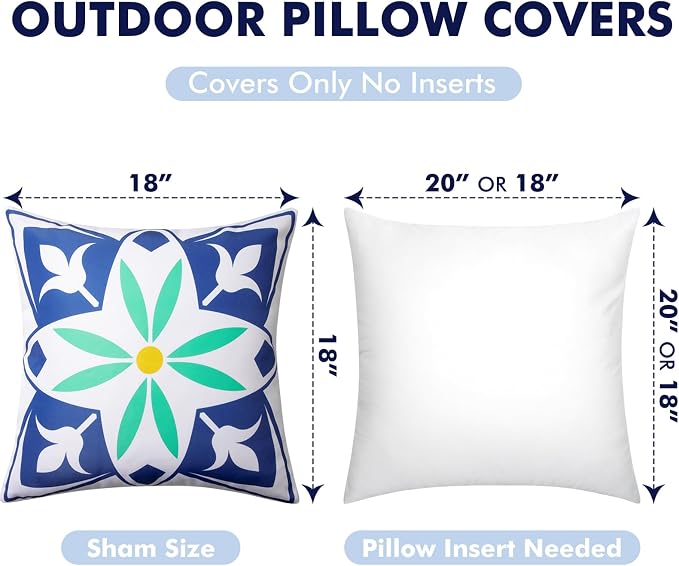 Waterproof Outdoor Pillow Covers, 4 Pack 18x18 Throw Pillow Covers | Blue Decorative Pillow Covers, Floral & Boho Print, Waterproof & Fade Resistant, Garden Cushion Case for Patio Furniture