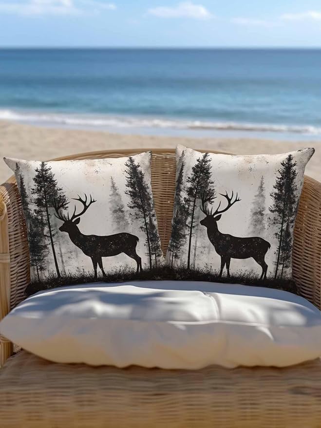 Outdoor Pillows Waterproof, Forest Deer Bedding Throw Pillows with Insert for Couch Sofa Bed, Rustic Country Wildlife Woodland Black Beige 18x18 Inch Pillowcases Camping Patio Pillow Set of 2