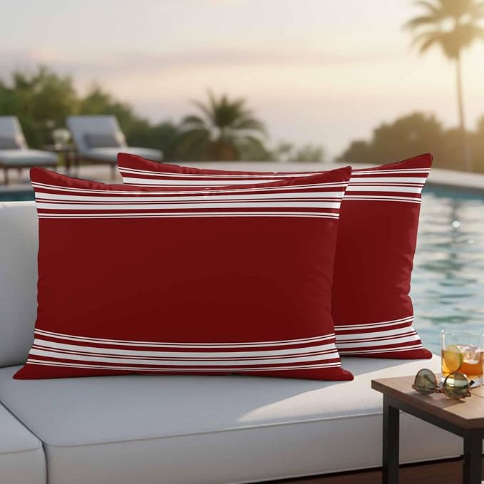 Outdoor Pillow Covers 12x20 Set of 2 Burgundy Red Stripe Outdoor Pillows Waterproof Throw Pillow Covers French Stripe Farmhouse Style Pillowcases Decorative Case for Patio Cushion