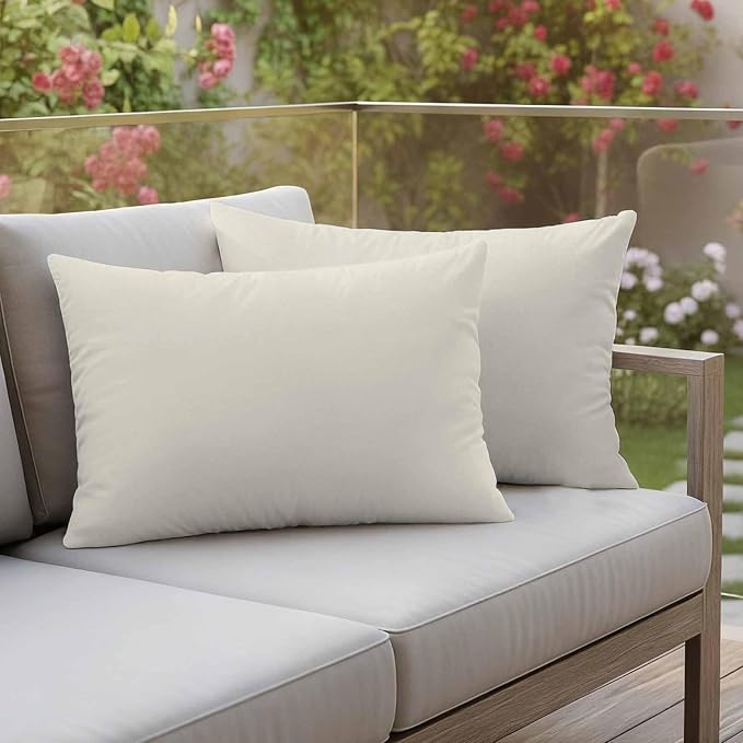 Lumbar Pillow Covers 12 x 20 Inches, Cream Solid Color Waterproof Throw Pillow Cover Set of 2, Aesthetics Contemporary Luxury Decorative Rectangle Cushion Covers for Patio/Couch/Garden