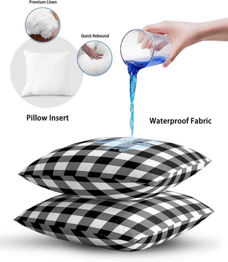 Waterproof Outdoor Pillow 1 Pack Black Buffalo Plaid Decorative Throw Pillows Cover & Insert 20x12 Inch Lumbar Pillowcase Check Lines Pillows for Couch Sofa Bed Patio Furniture Indoor Outdoor