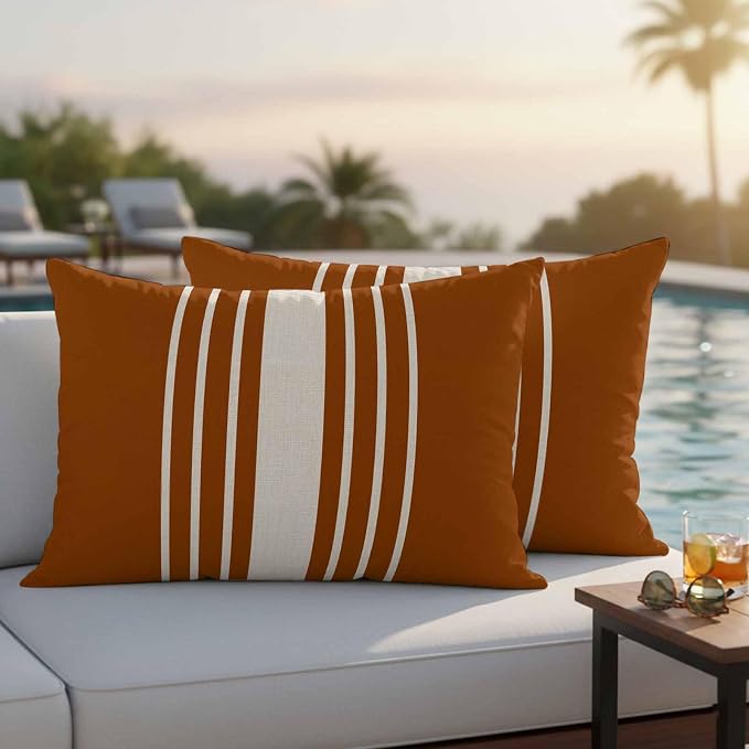 Lumbar Pillow Covers 20x12 Inch Set of 2, Burnt Orange Beige Striped Waterproof Outdoor Cushion Covers, Modern Farmhouse Retro Lines Decorative Pillowcases for Couch, Sofa, Bed, Garden, Patio